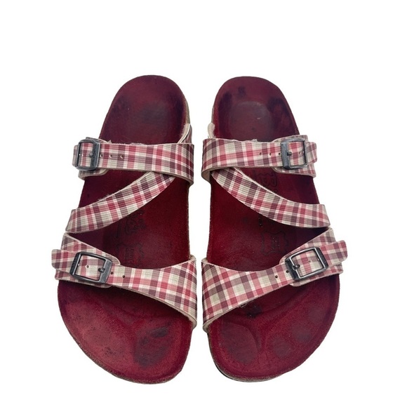 𝅺Birki’s Birkenstock Red Plaid Print Slide Sandals Women’s Size EU 37 US 6 - Picture 3 of 11